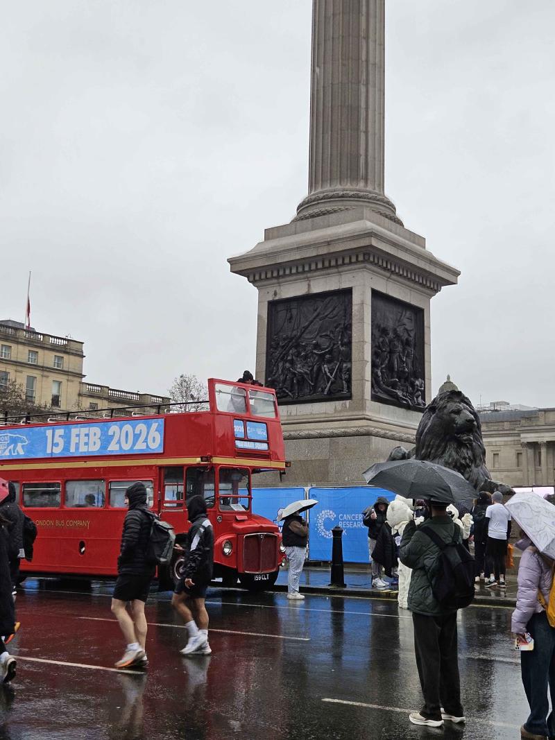 Trafalgar Square before the run - grey skies and wet streets